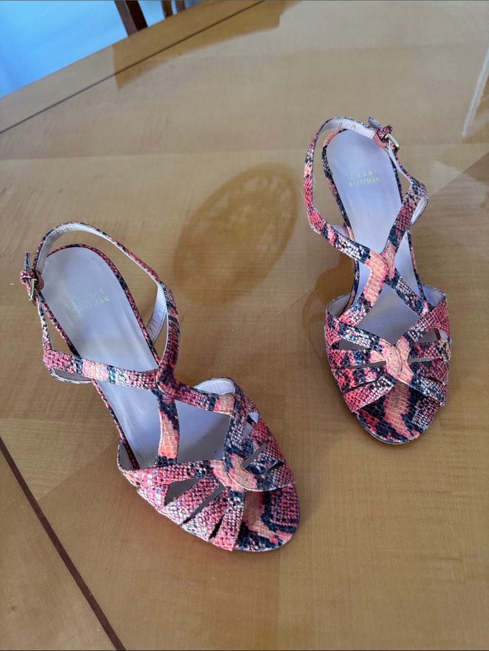 Stuart Weitzman Pink Snake-Print Strappy Heels size 9